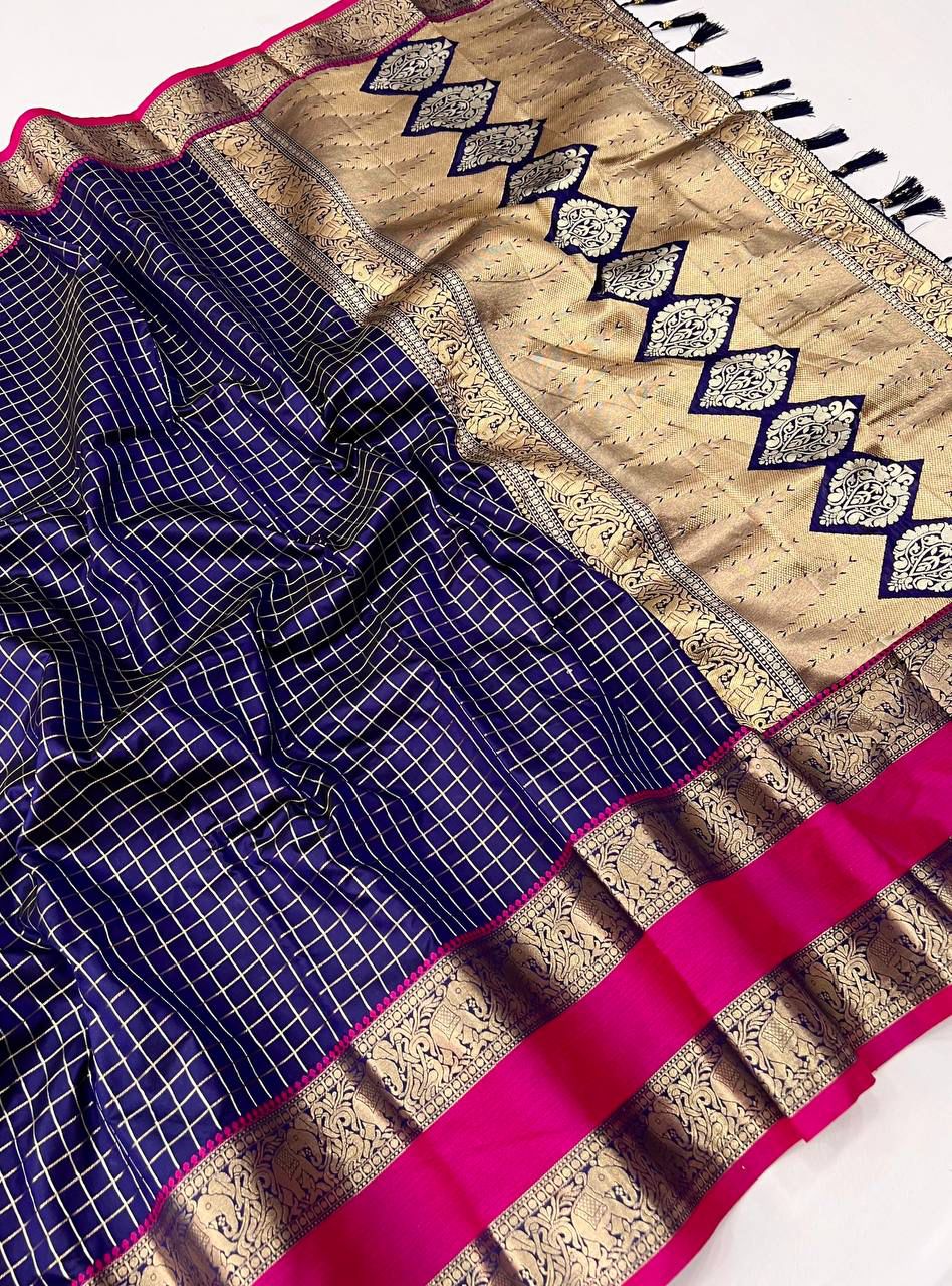 Deep Navy Blue with Magenta Pink Border Soft Kanchipuram Silk Saree